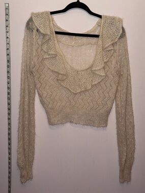 Crochet/Knit Mohair Cream Ruffle Scoop Neck Women's Sweater Free People
